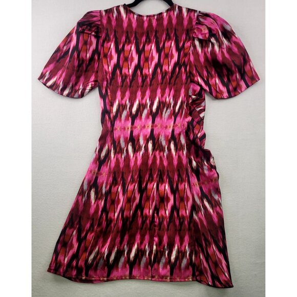 Misa Los Angeles Amina Mini Wrap Dress Pink Red Abstract Short Sleeve USA XS - Picture 5 of 12